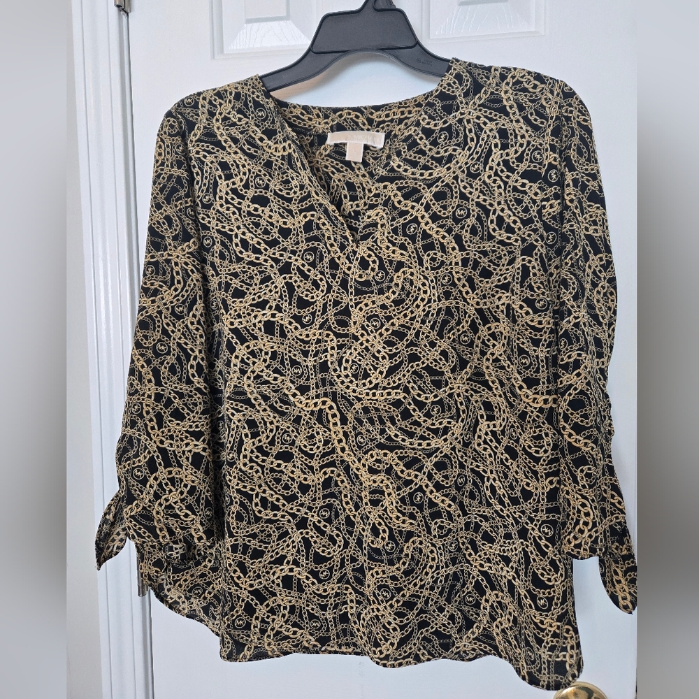 MICHAEL Michael Kors Black Gold Chain Print Tie Bell Sleeves Size XL